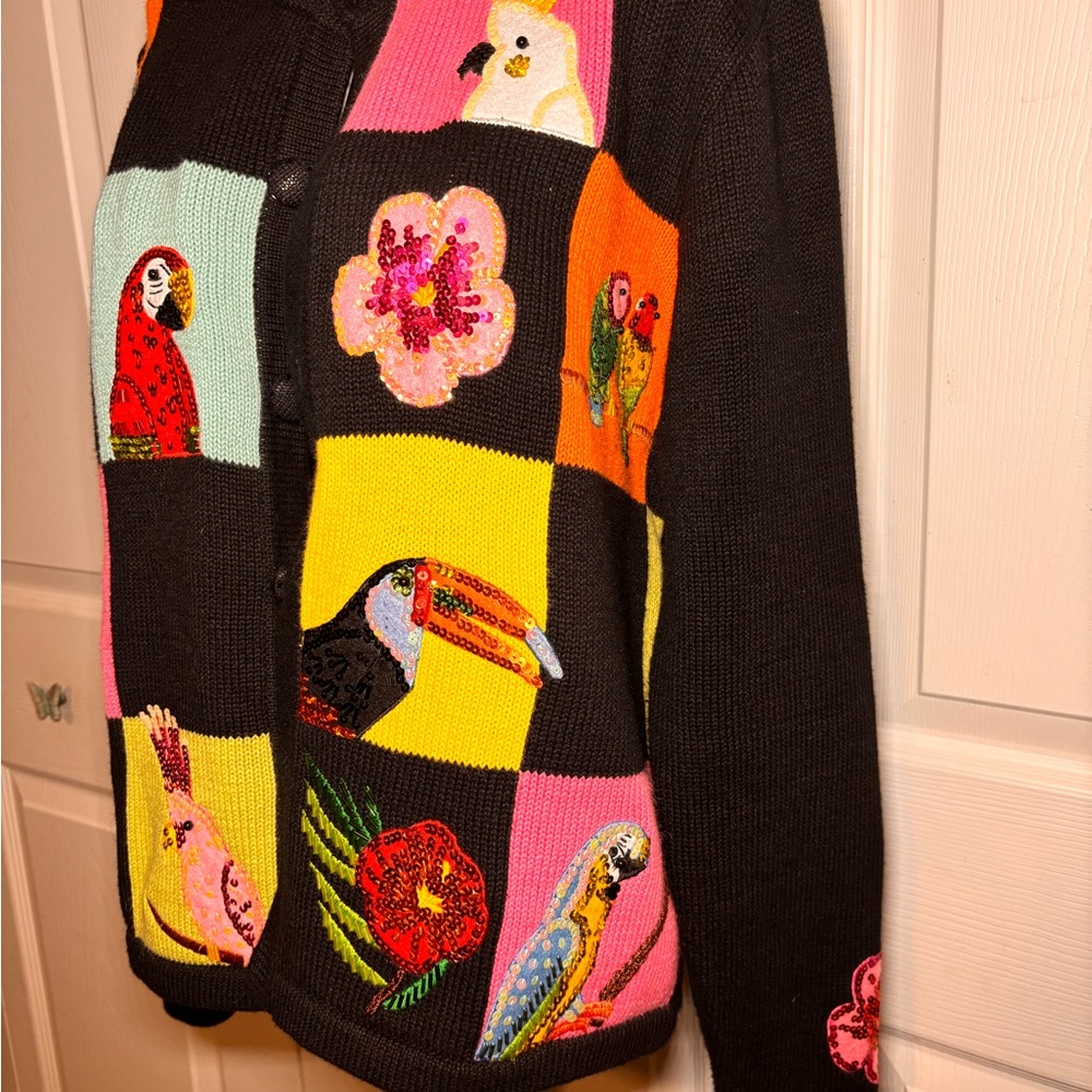 Vintage Berek Black Multicolor Hand Crafted Bird Cardigan - Picture 4 of 9